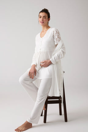 Lace Embroidered 3-Piece Maternity-Nursing Pajama & Robe Set Ecru - 1016