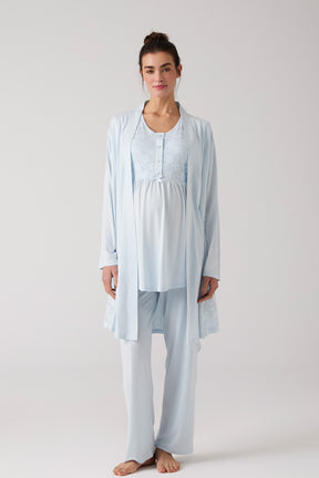 Lace Embroidered 3-Piece Maternity-Nursing Pajama & Robe Set Blue - 1016