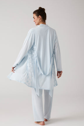 Lace Embroidered 3-Piece Maternity-Nursing Pajama & Robe Set Blue - 1016