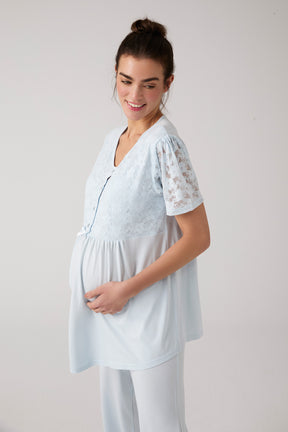 Lace Embroidered 3-Piece Maternity-Nursing Pajama & Robe Set Blue - 1016