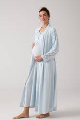 Lace Embroidered Maternity-Nursing Nightgown & Robe Set Blue - 1017