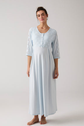 Lace Embroidered Maternity-Nursing Nightgown & Robe Set Blue - 1017