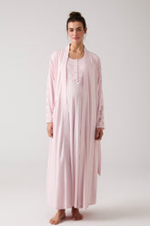 Lace Embroidered Maternity-Nursing Nightgown & Robe Set Powder - 1017