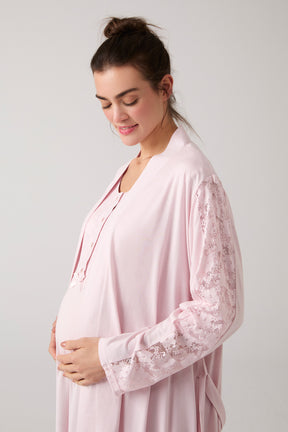 Lace Embroidered Maternity-Nursing Nightgown & Robe Set Powder - 1017