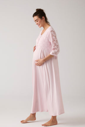 Lace Embroidered Maternity-Nursing Nightgown & Robe Set Powder - 1017