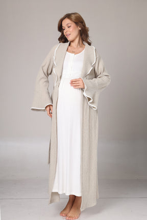Guipure Collar Maternity-Nursing Nightgown & Crepe Robe Set Beige - 1018