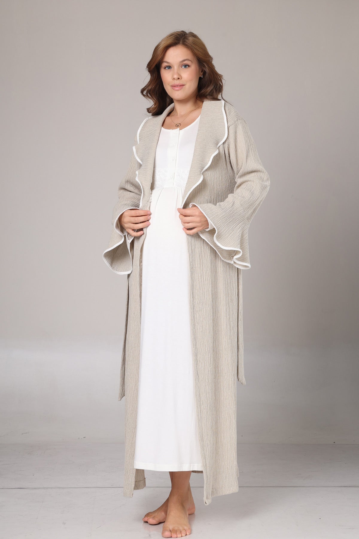 Guipure Collar Maternity-Nursing Nightgown & Crepe Robe Set Beige - 1018