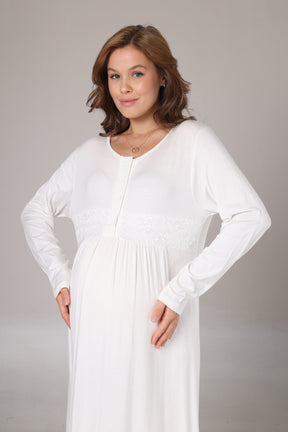 Guipure Collar Maternity-Nursing Nightgown & Crepe Robe Set Beige - 1018