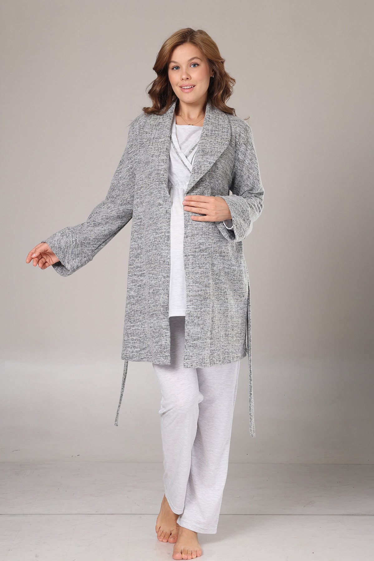 Double Breasted 3-Piece Maternity-Nursing Pajama & Polar Robe Set Grey - 1019