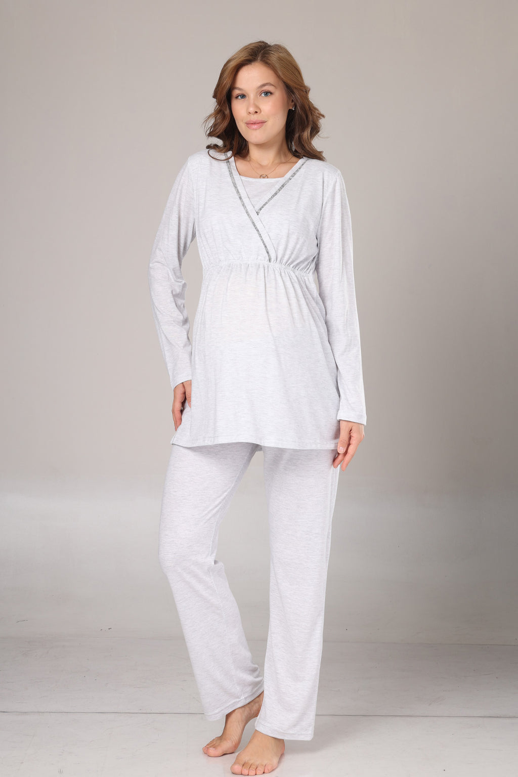 Double Breasted 3-Piece Maternity-Nursing Pajama & Polar Robe Set Grey - 1019