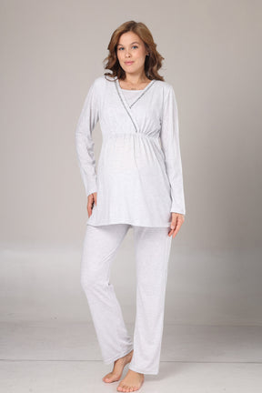 Double Breasted 3-Piece Maternity-Nursing Pajama & Polar Robe Set Grey - 1019