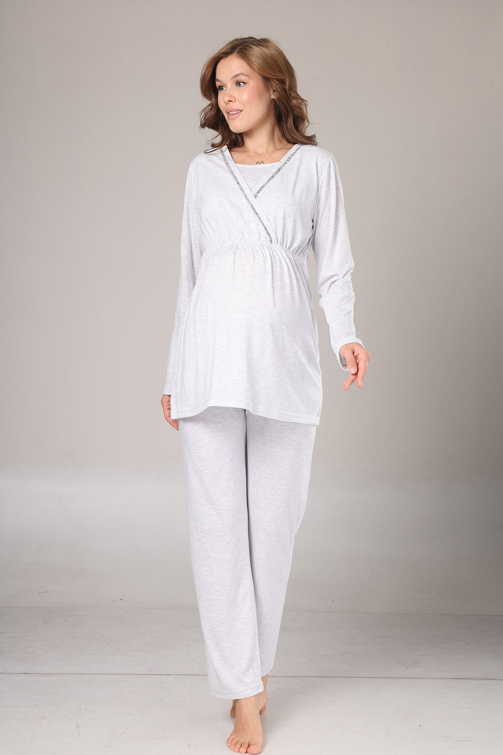 Double Breasted 3-Piece Maternity-Nursing Pajama & Polar Robe Set Grey - 1019
