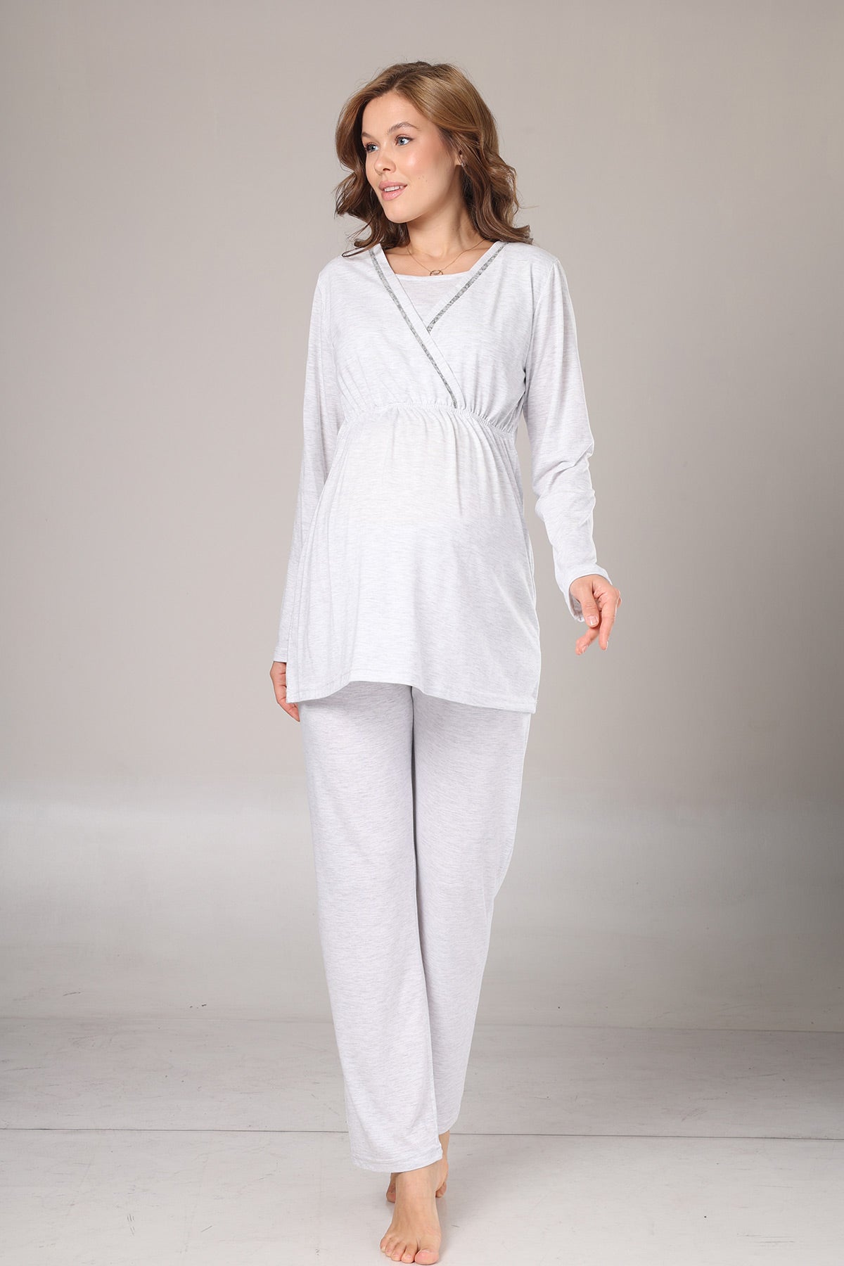 Double Breasted 3-Piece Maternity-Nursing Pajama & Polar Robe Set Grey - 1019
