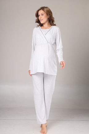 Double Breasted 3-Piece Maternity-Nursing Pajama & Polar Robe Set Grey - 1019