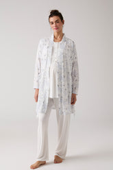 Lacy 3-Piece Maternity-Nursing Pajama & Patterned Robe Set Ecru - 1019
