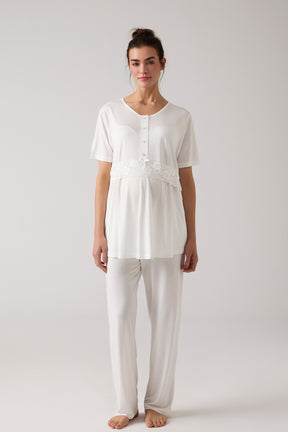 Lacy 3-Piece Maternity-Nursing Pajama & Patterned Robe Set Ecru - 1019