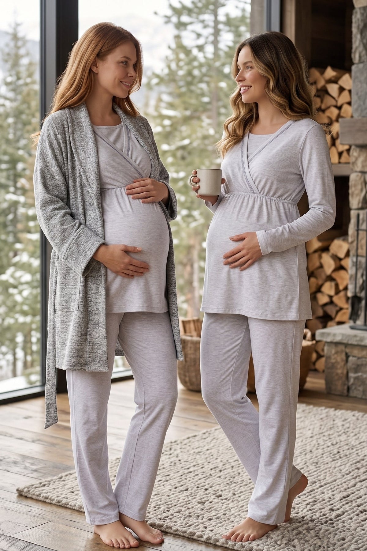 Wrap 3-Piece Maternity Feeding-Friendly Pajama & Polar Robe Set Grey - L1019