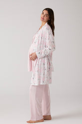 Lacy 3-Piece Maternity-Nursing Pajama & Patterned Robe Set Powder - 1019
