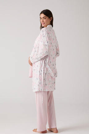 Lacy 3-Piece Maternity-Nursing Pajama & Patterned Robe Set Powder - 1019