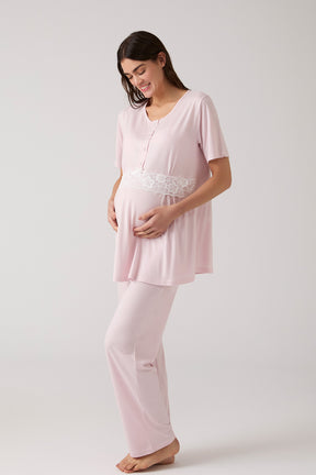Lacy 3-Piece Maternity-Nursing Pajama & Patterned Robe Set Powder - 1019