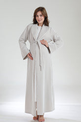 Crew-Neck Maternity-Nursing Nightgown & Knitwear Robe Set Beige - 1020