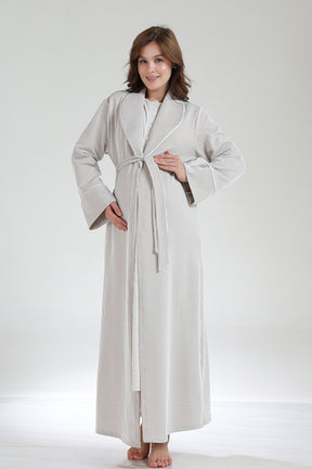 Crew-Neck Maternity-Nursing Nightgown & Knitwear Robe Set Beige - 1020