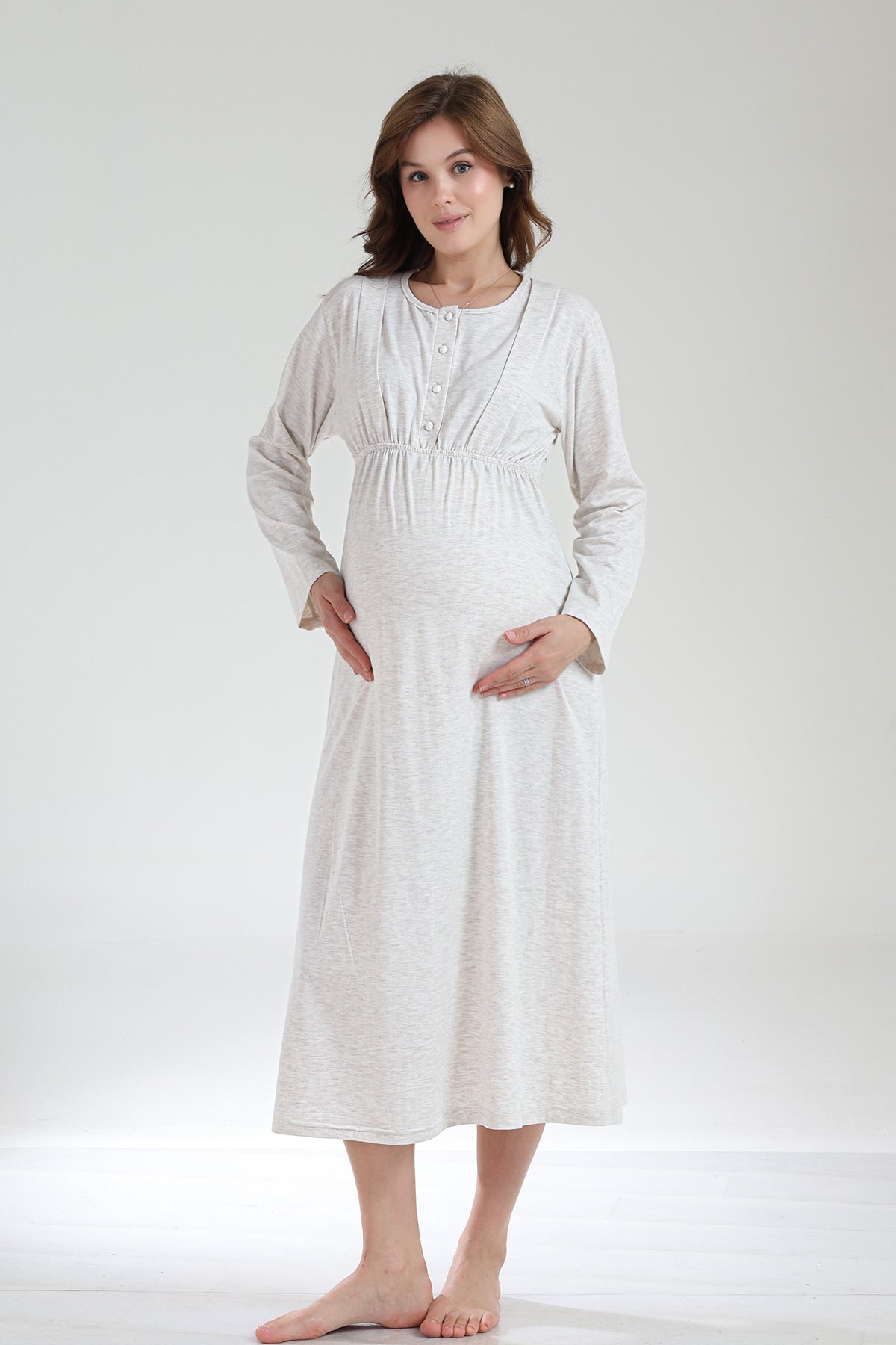 Crew-Neck Maternity-Nursing Nightgown & Knitwear Robe Set Beige - 1020