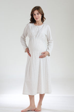Crew-Neck Maternity-Nursing Nightgown & Knitwear Robe Set Beige - 1020