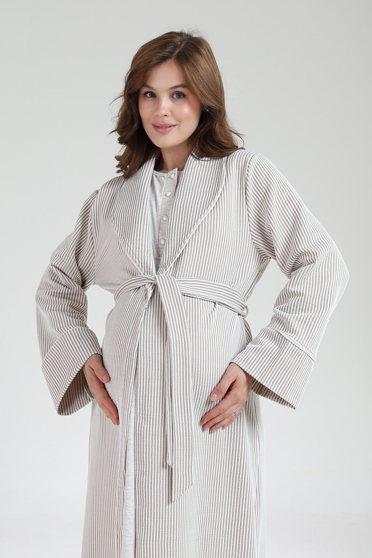 Crew-Neck Maternity-Nursing Nightgown & Knitwear Robe Set Beige - 1020