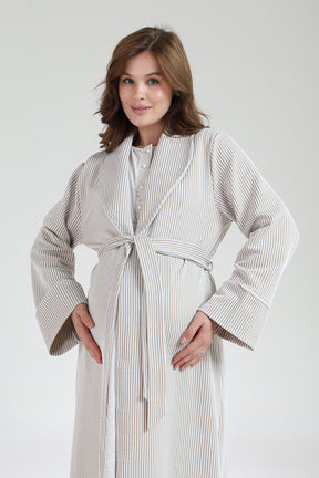 Crew-Neck Maternity-Nursing Nightgown & Knitwear Robe Set Beige - 1020