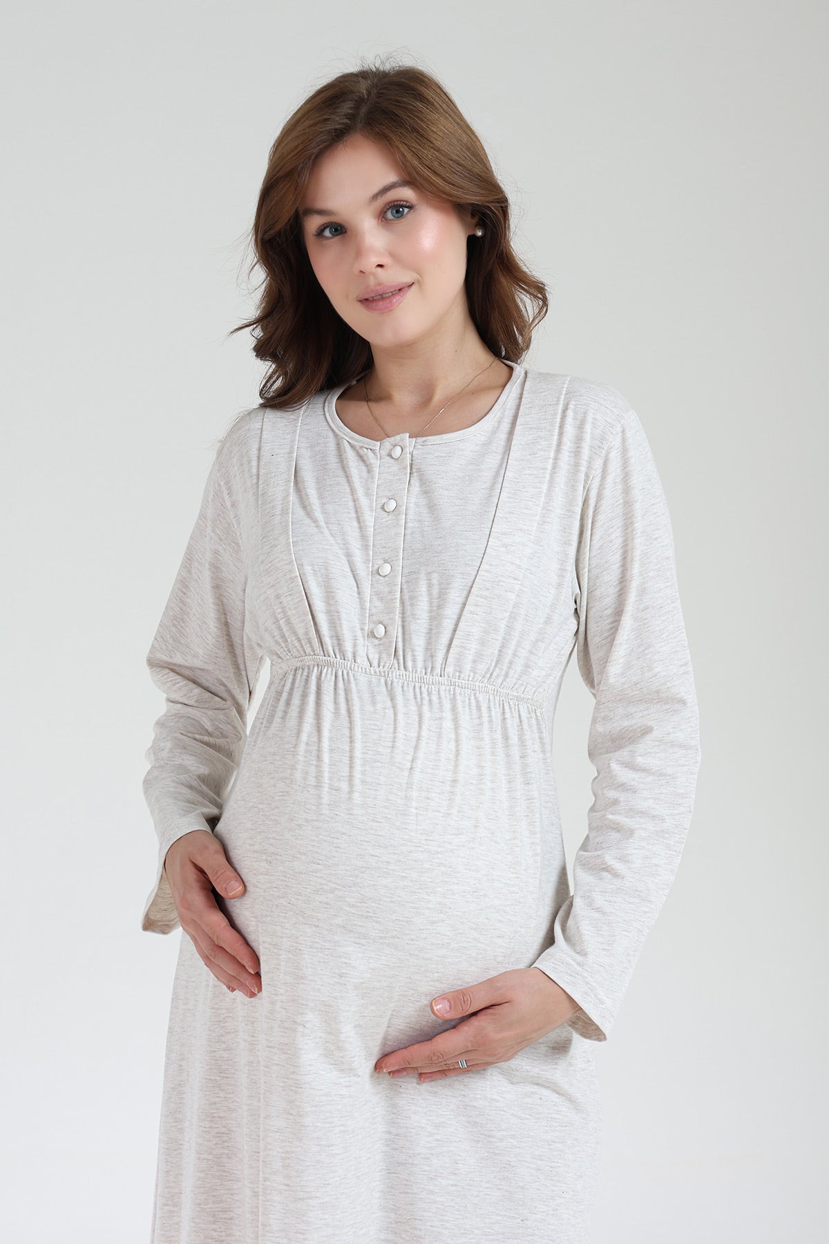 Crew-Neck Maternity-Nursing Nightgown & Knitwear Robe Set Beige - 1020
