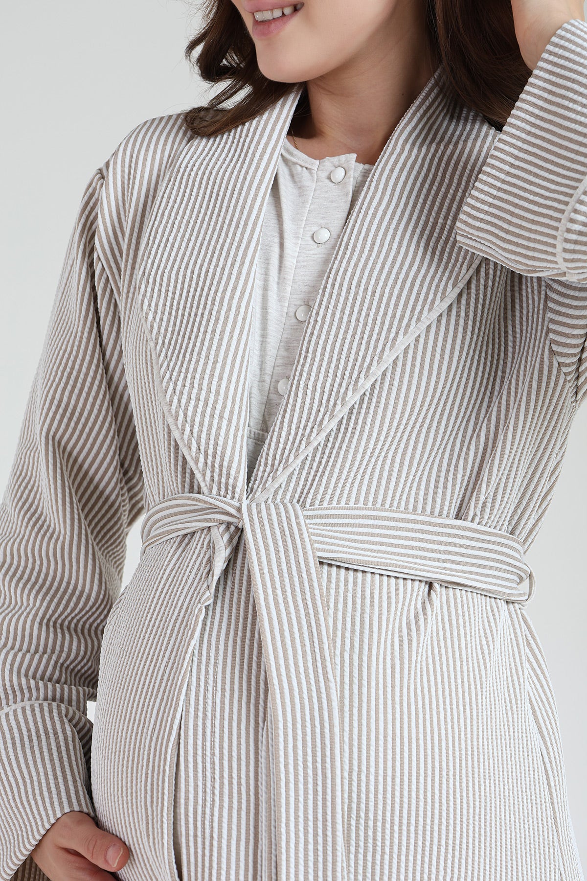 Crew-Neck Maternity-Nursing Nightgown & Knitwear Robe Set Beige - 1020