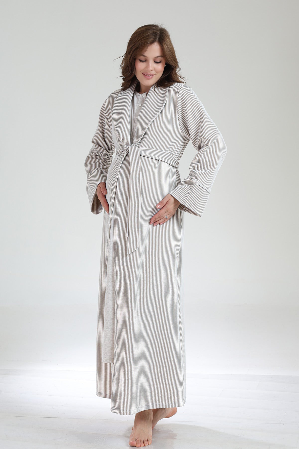 Crew-Neck Maternity-Nursing Nightgown & Knitwear Robe Set Beige - 1020