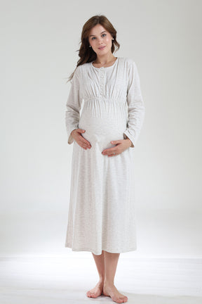 Crew-Neck Maternity-Nursing Nightgown & Knitwear Robe Set Beige - 1020