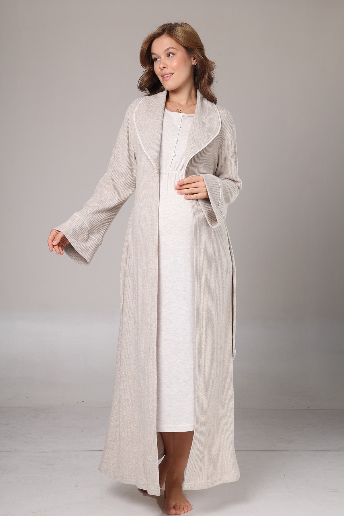 Lace Collar Maternity-Nursing Nightgown & Knitwear Robe Set Beige - 1020