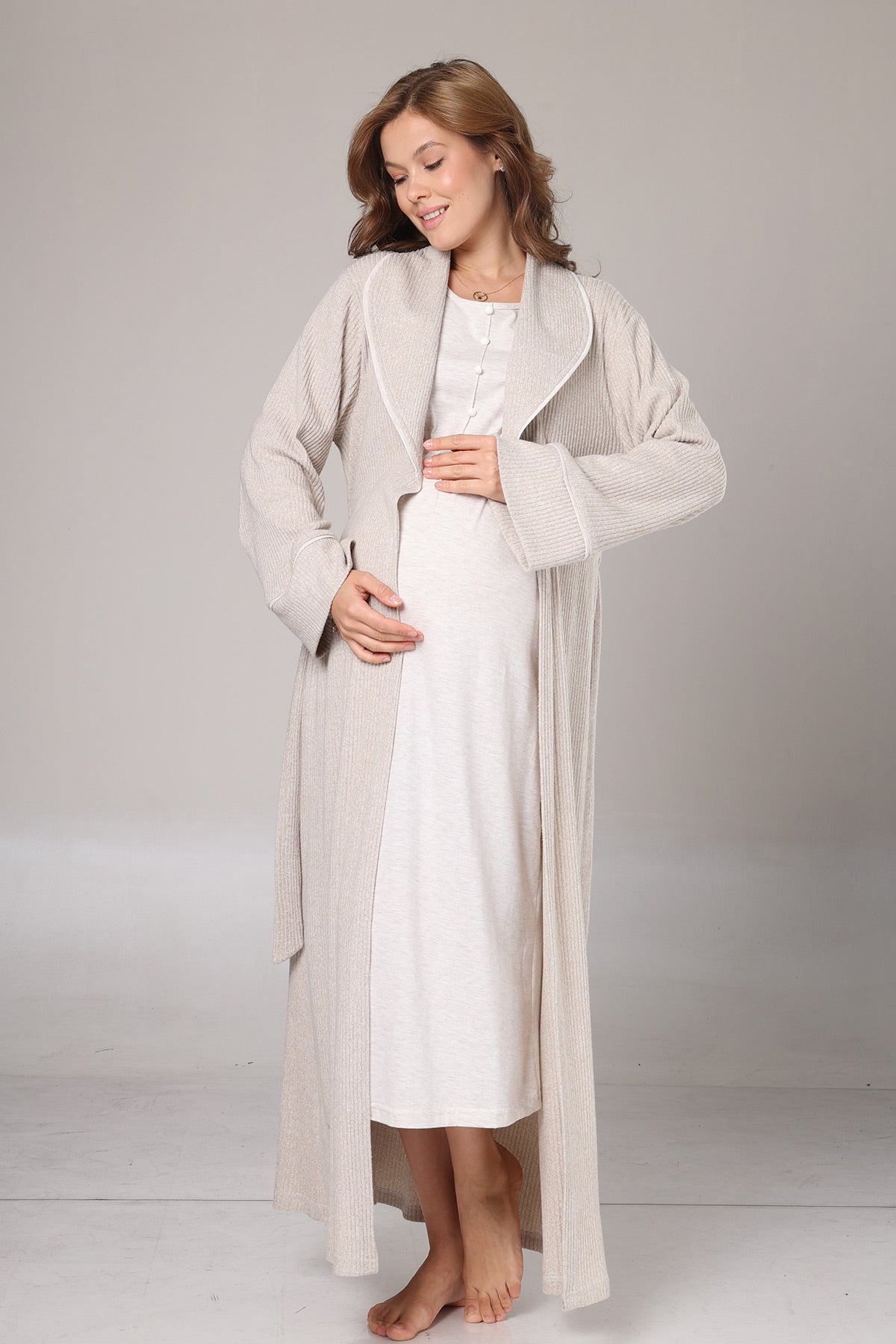 Lace Collar Maternity-Nursing Nightgown & Knitwear Robe Set Beige - 1020