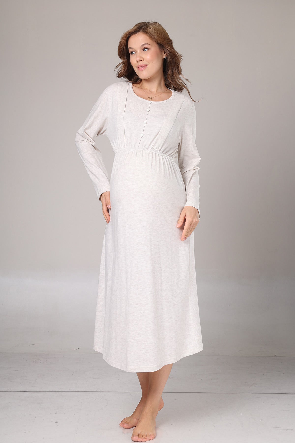 Lace Collar Maternity-Nursing Nightgown & Knitwear Robe Set Beige - 1020