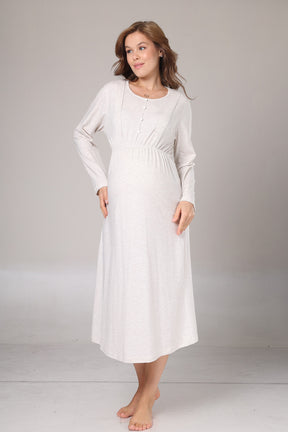 Lace Collar Maternity-Nursing Nightgown & Knitwear Robe Set Beige - 1020