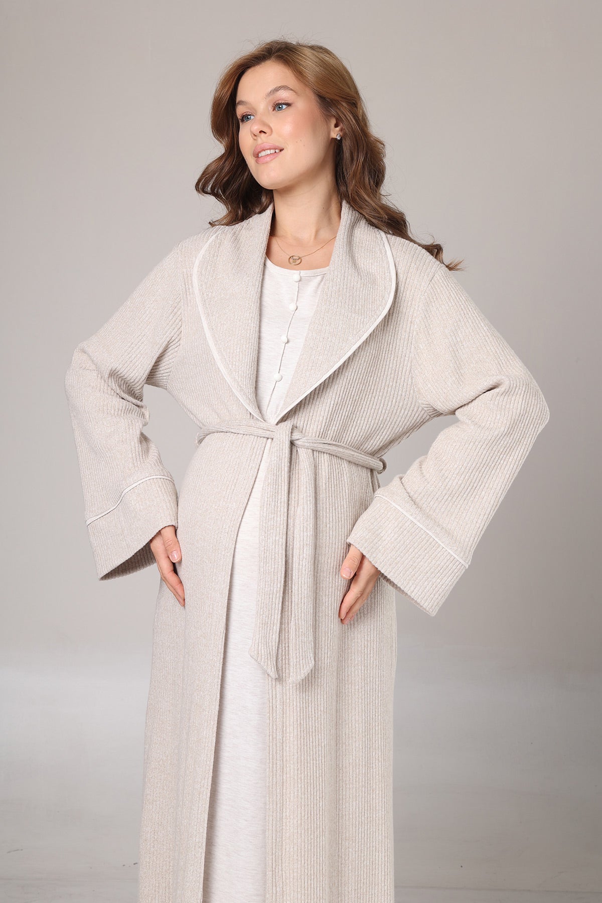 Lace Collar Maternity-Nursing Nightgown & Knitwear Robe Set Beige - 1020