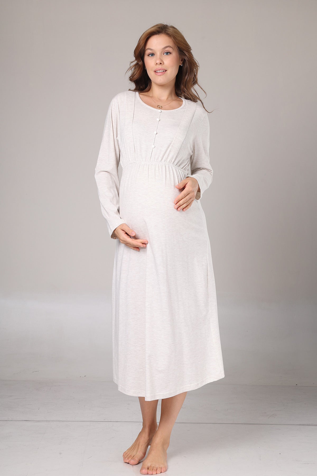 Lace Collar Maternity-Nursing Nightgown & Knitwear Robe Set Beige - 1020