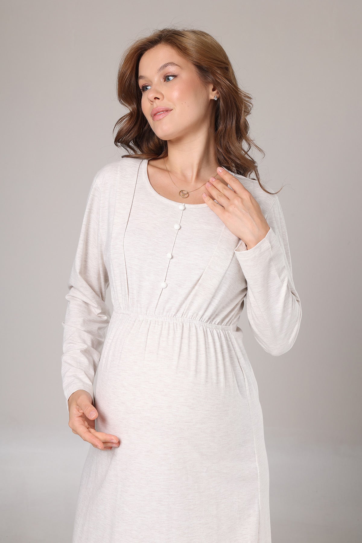 Lace Collar Maternity-Nursing Nightgown & Knitwear Robe Set Beige - 1020