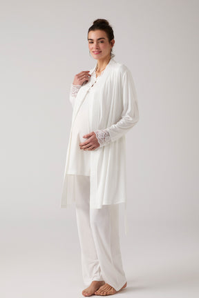 Lacy Hidden Breastfeeding Panel 3-Piece Maternity-Nursing Pajama & Robe Set Ecru - 1020