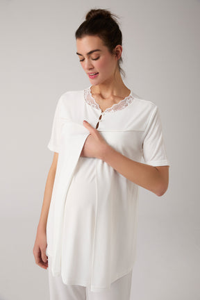 Lacy Hidden Breastfeeding Panel 3-Piece Maternity-Nursing Pajama & Robe Set Ecru - 1020
