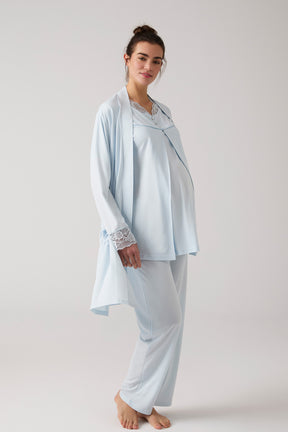 Lacy Hidden Breastfeeding Panel 3-Piece Maternity-Nursing Pajama & Robe Set Blue - 1020