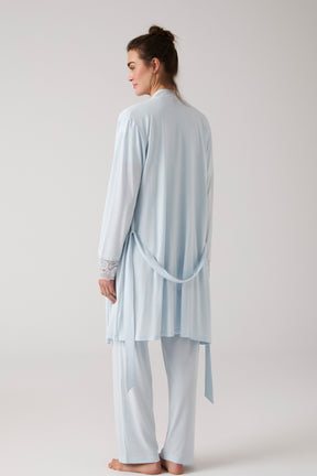 Lacy Hidden Breastfeeding Panel 3-Piece Maternity-Nursing Pajama & Robe Set Blue - 1020