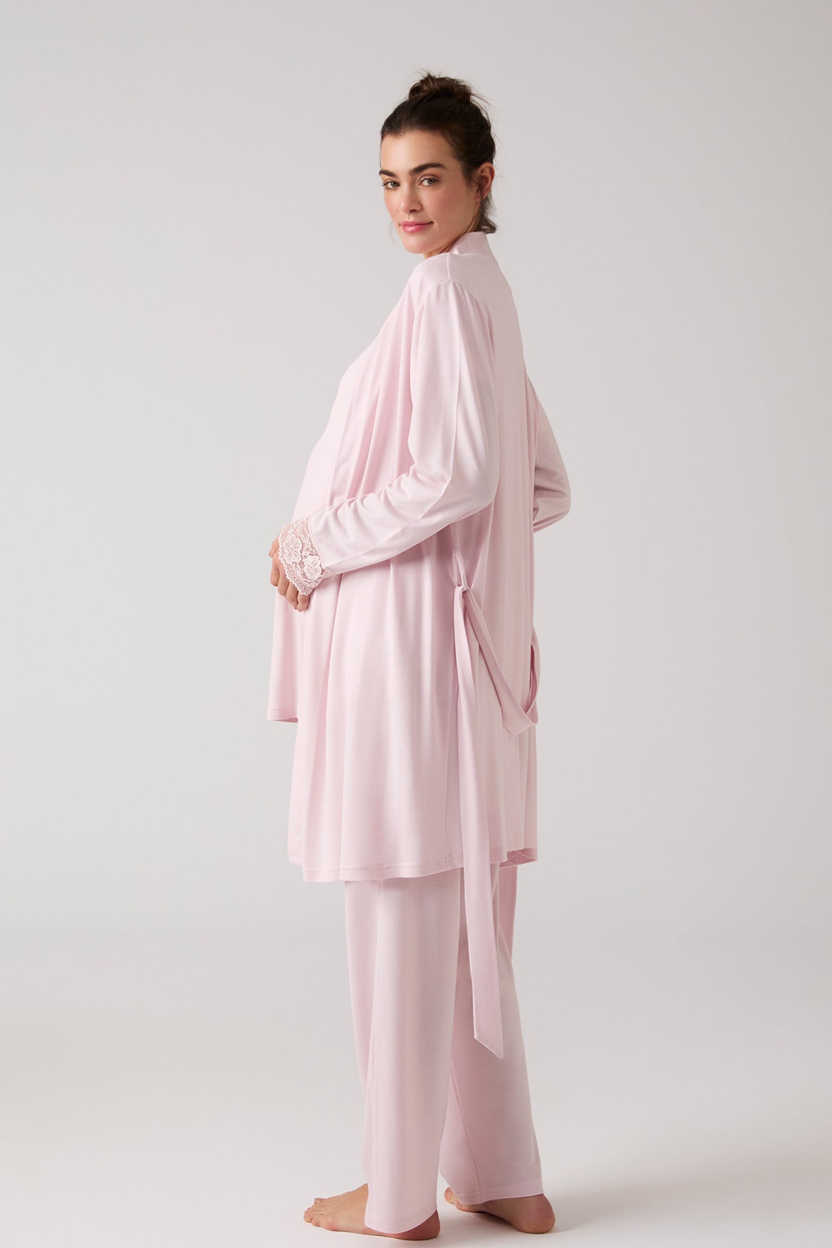 Lacy Hidden Breastfeeding Panel 3-Piece Maternity-Nursing Pajama & Robe Set Powder - 1020