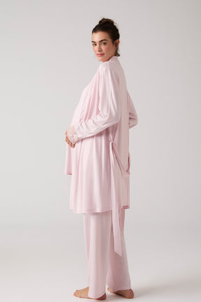 Lacy Hidden Breastfeeding Panel 3-Piece Maternity-Nursing Pajama & Robe Set Powder - 1020