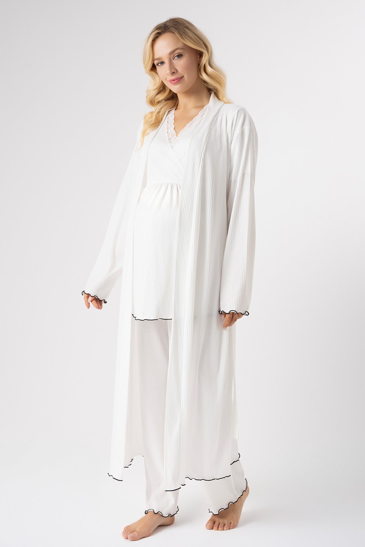 Lace Collar 3-Piece Maternity-Nursing Pajama & Ribbed Stripe Robe Set Ecru - 1021