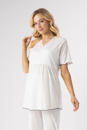 Lace Collar Maternity & Nursing Pajama Set Ecru - 1024