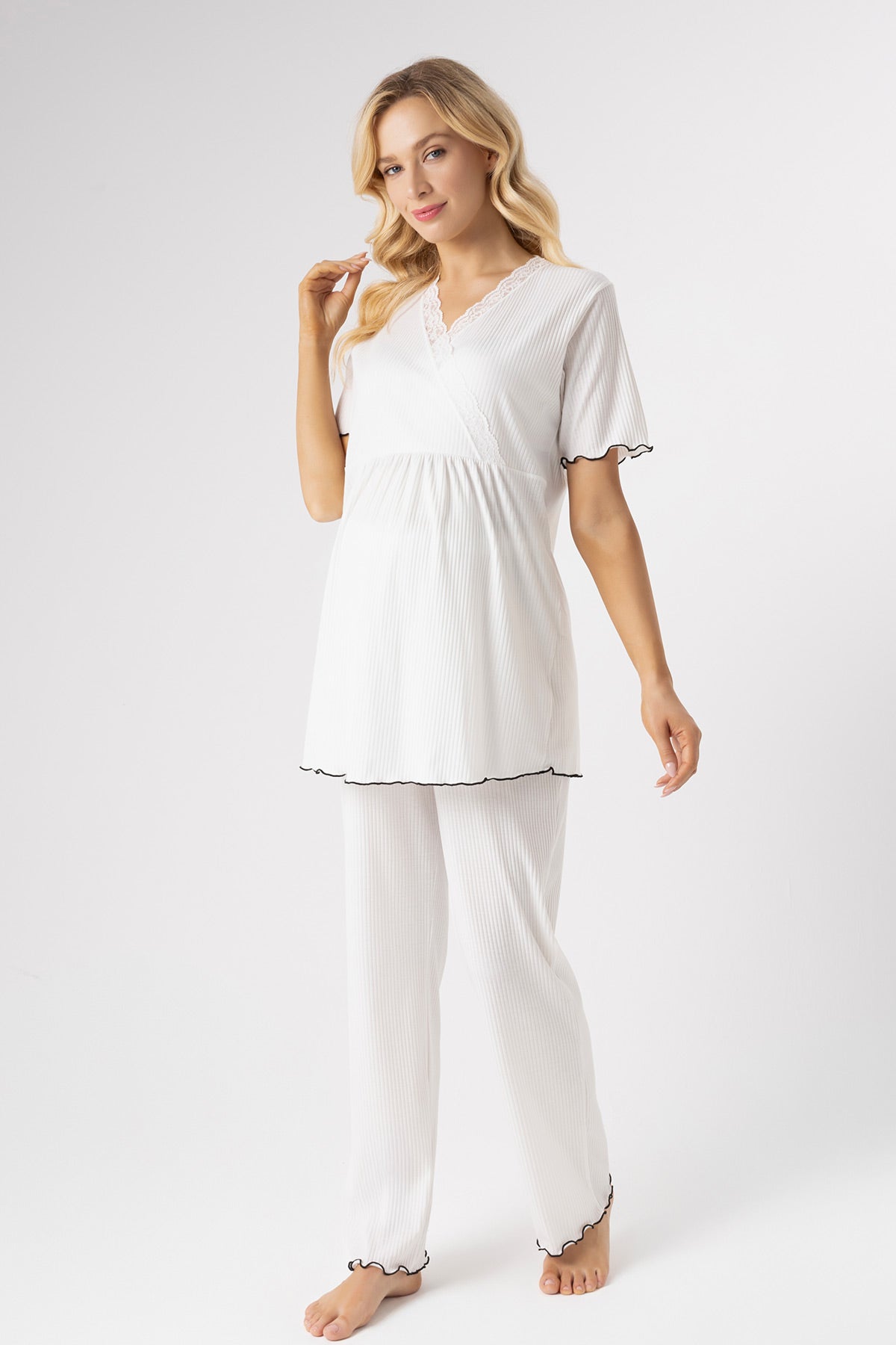 Lace Collar 3-Piece Maternity-Nursing Pajama & Ribbed Stripe Robe Set Ecru - 1021
